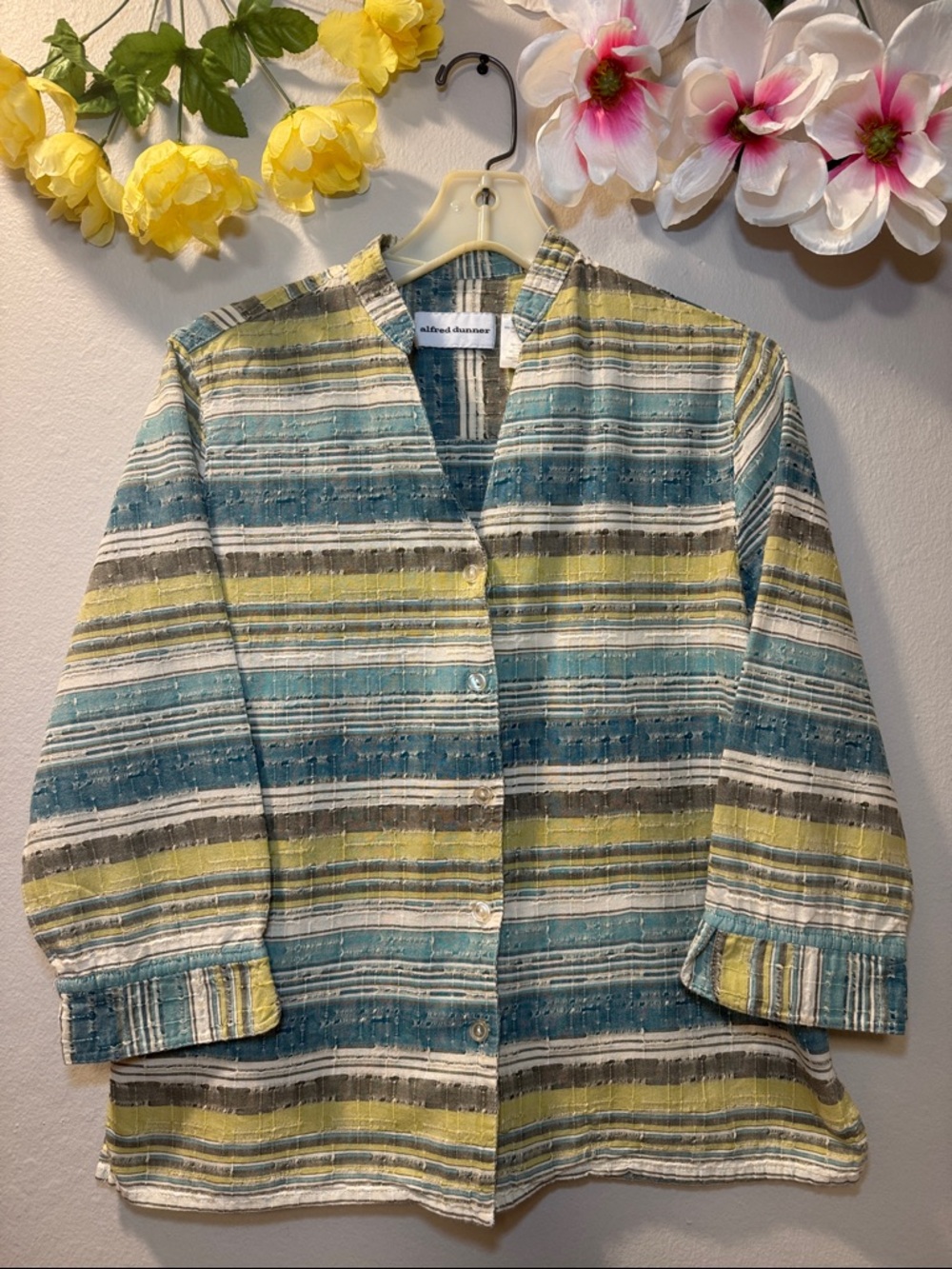 Alfred Dunner Striped Cotton Blend Utility Jacket in Teal, Yellow & White